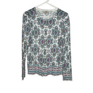 Loft women's white blue brown pattern button front cardigan sweater size L Twee